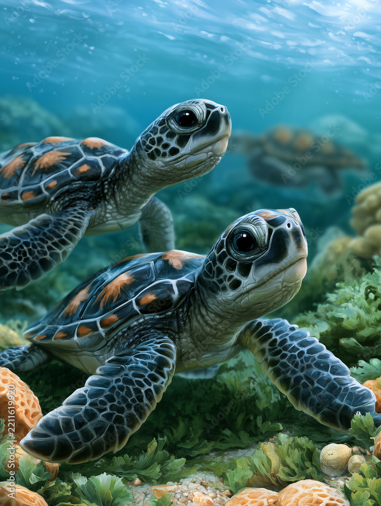 Fototapeta premium Baby sea turtles swimming underwater in ocean habitat