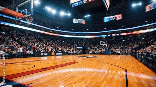 A basketball court dominates the scene, illuminated by bright stadium lights. A large crowd fills the stands, creating a blurred background of spectators.