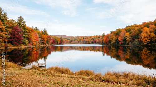 A serene lake reflects a vibrant autumn forest. The lake’s surface mirrors the colorful trees lining its shore.