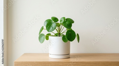 Small pilea peperomioides houseplant in a white ceramic pot sitting on a wooden table