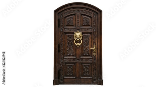 A grand arched wooden door with intricate carvings and a decorative golden lion head door knocker