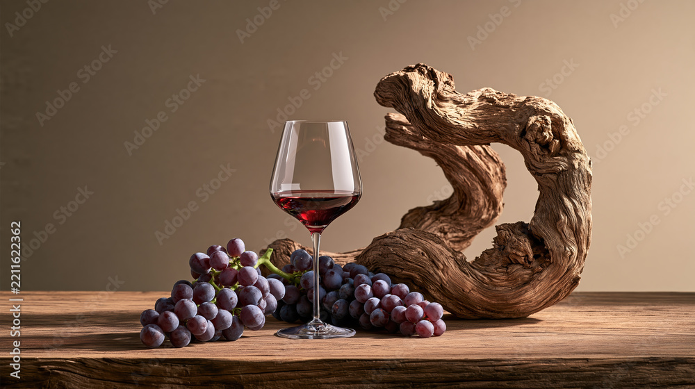Naklejka premium Premium grape harvest concept showing clear stemmed glass of red wine beside ripe grapes and rustic vine wood