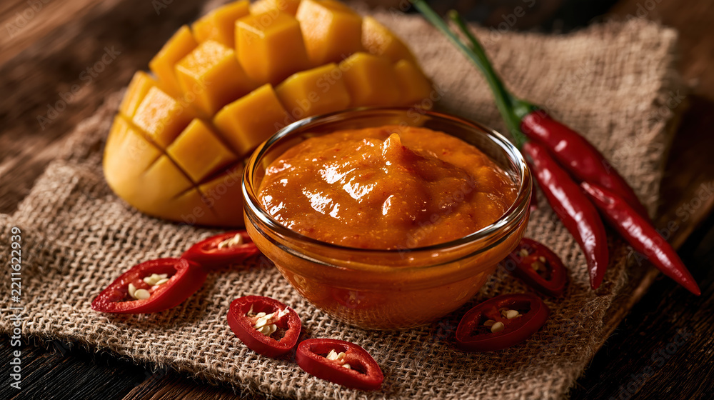 Fototapeta premium Spicy mango sauce with ripe golden mango and red chili pepper on rustic fabric, creating vibrant culinary scene