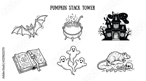 Set of halloween spooky elements bat cauldron haunted house spellbook ghosts rat