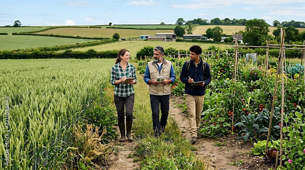 Fototapeta premium Farmers inspecting crops in rural agricultural field.