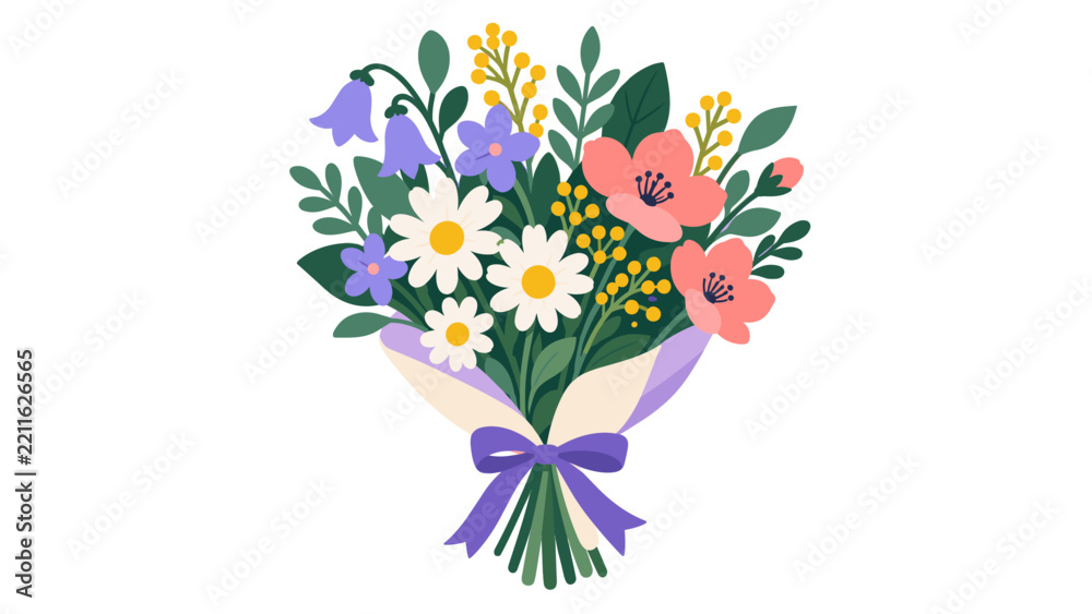 Naklejka premium Mixed flower bouquet tied with a purple ribbon