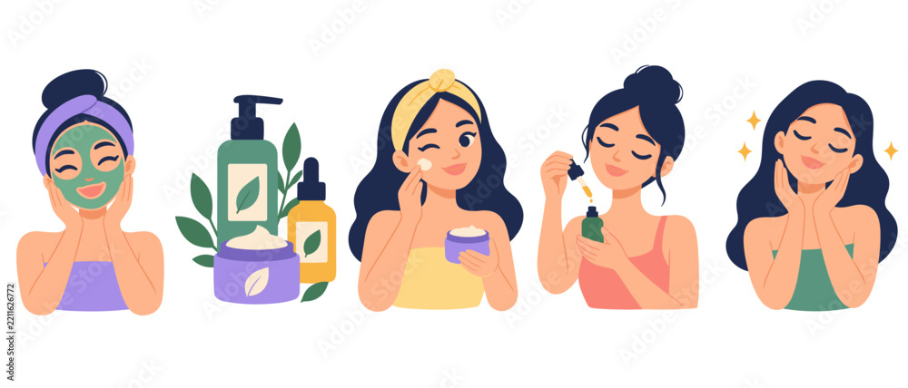 Fototapeta premium Women applying skincare products in a facial care routine