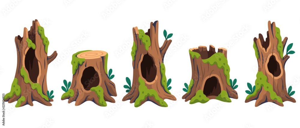 Fototapeta premium Set of cartoon tree stumps with hollow trunks and moss
