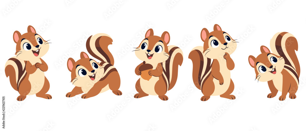 Obraz premium Set of cute cartoon chipmunks in playful poses