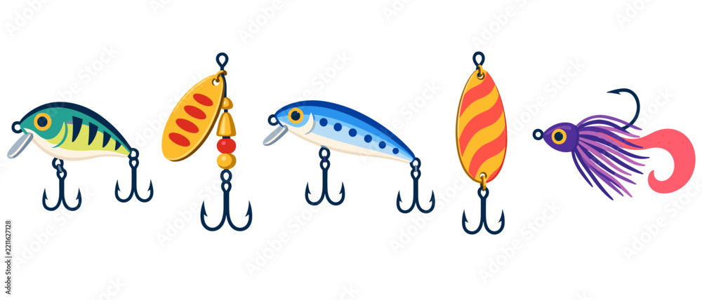 Fototapeta premium Colorful set of fishing lures with minnow and spoon designs