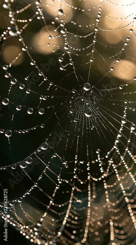 Slow Motion Close Up of a Delicate Spider Web Covered in Dew Drops Swaying in the Breeze