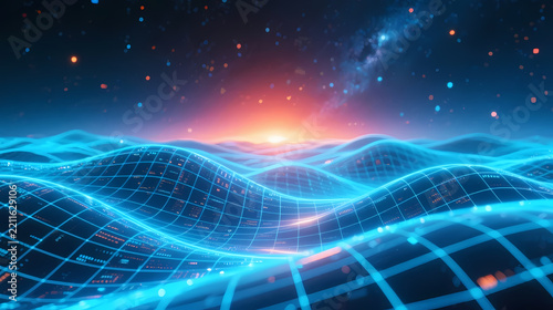 Blue grid waves under starry sky