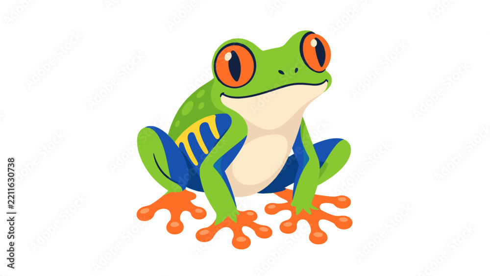 Obraz premium Smiling cartoon frog sitting with orange webbed feet