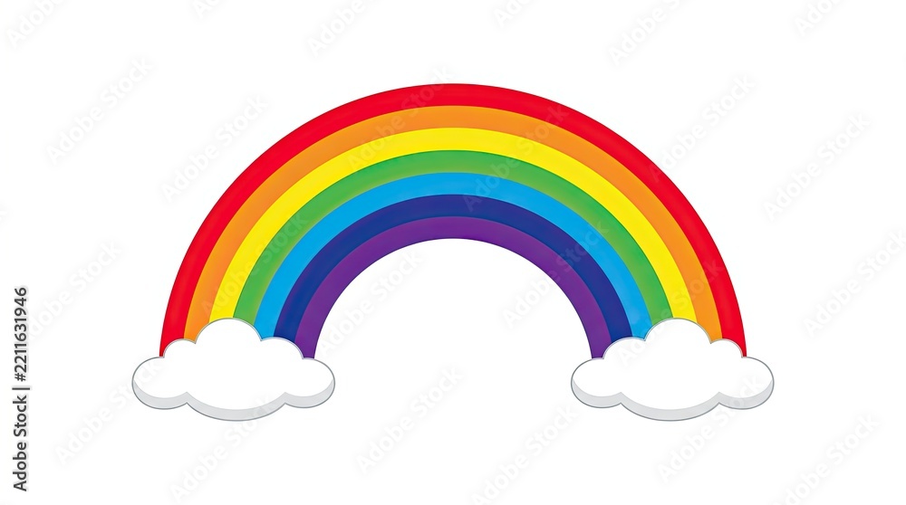 Fototapeta premium Colorful rainbow arch with white clouds on a plain white background