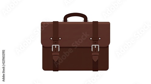 Brown leather briefcase with two buckles and handle on white background