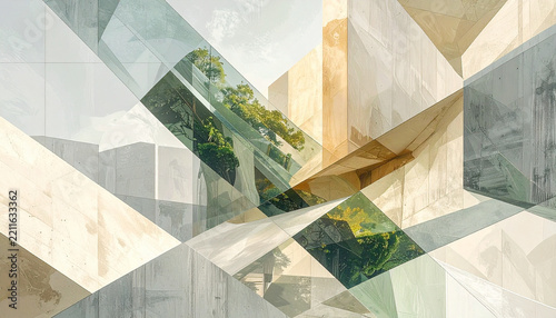Layered geometric urban forms with glimpses of greenery in an abstract city composition
緑がのぞく幾何学的な都市構造を重ねた抽象的な建築構図