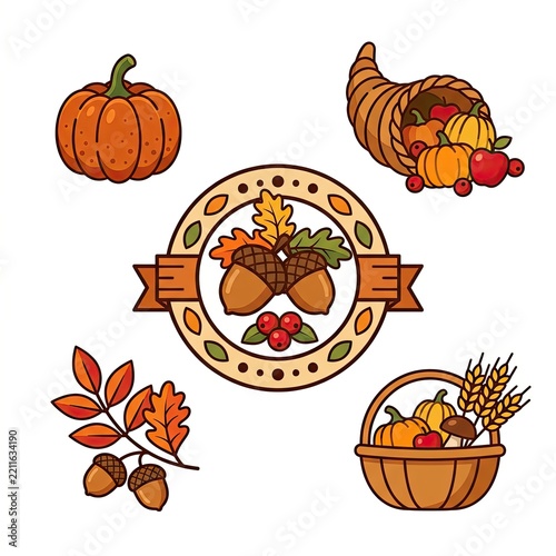Autumn harvest collection featuring pumpkins, acorns, cornucopia and seasonal fruits