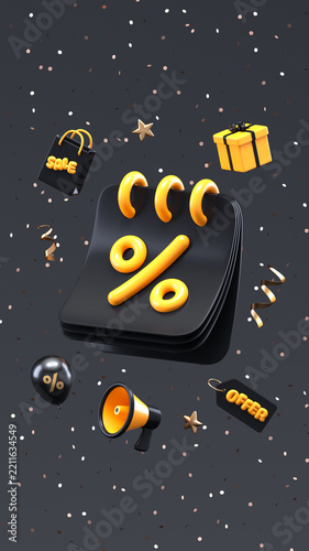 Black friday shopping event concept featuring a calendar with a percentage symbol, surrounded by a megaphone, shopping bag, gift box, balloon, offer tag, and confetti