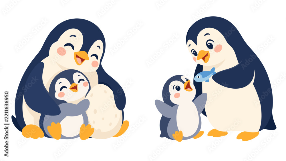 Fototapeta premium Cute penguin parents caring for chicks and an egg