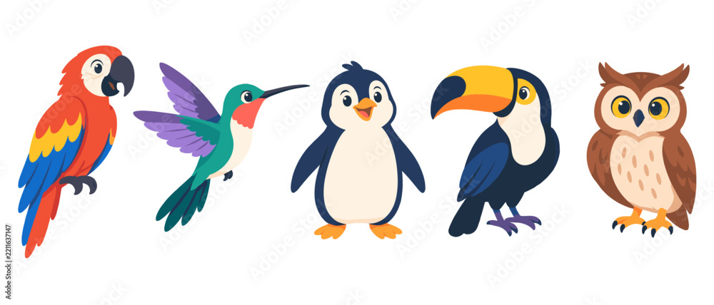 Fototapeta premium Cartoon bird set with parrot penguin toucan owl and hummingbird