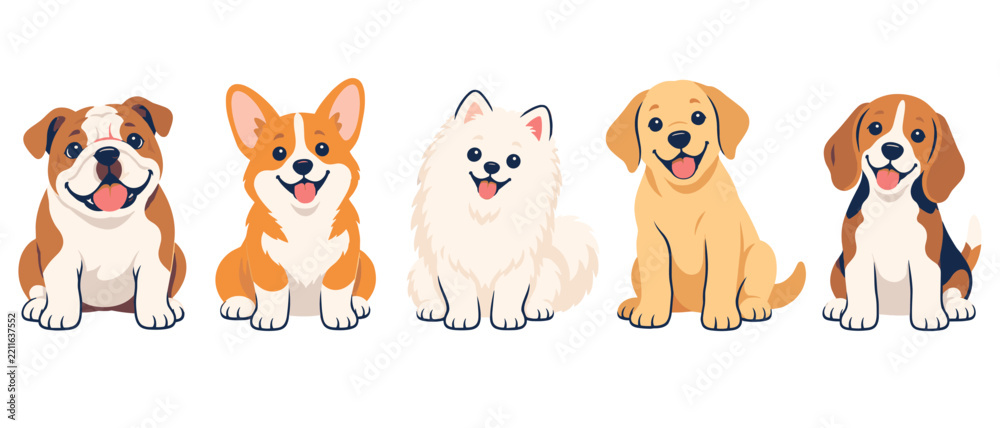 Obraz premium Cartoon puppies of different breeds sitting in a row