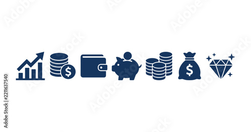 Set of financial and business icons representing money investment and wealth with business symbols growth chart saving money wealth management