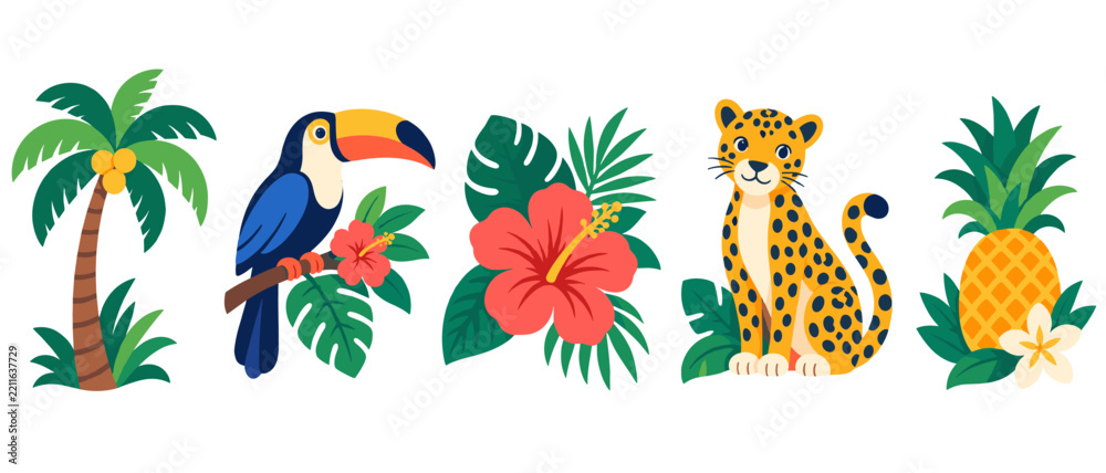 Fototapeta premium Tropical clipart set with toucan flowers pineapple and spotted cat