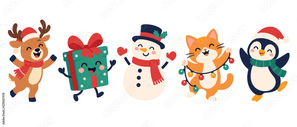 Obraz premium Cute Christmas character set with a reindeer and gift box