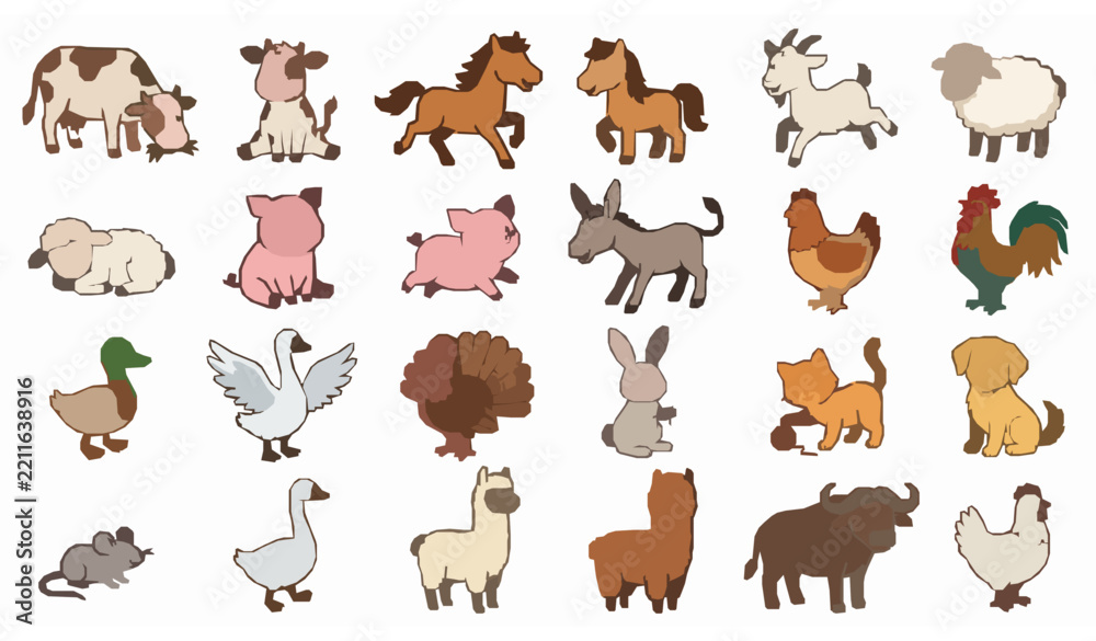 Obraz premium Playful Farm Animal Characters Cute Cartoon Village Animals Kids Vector Set