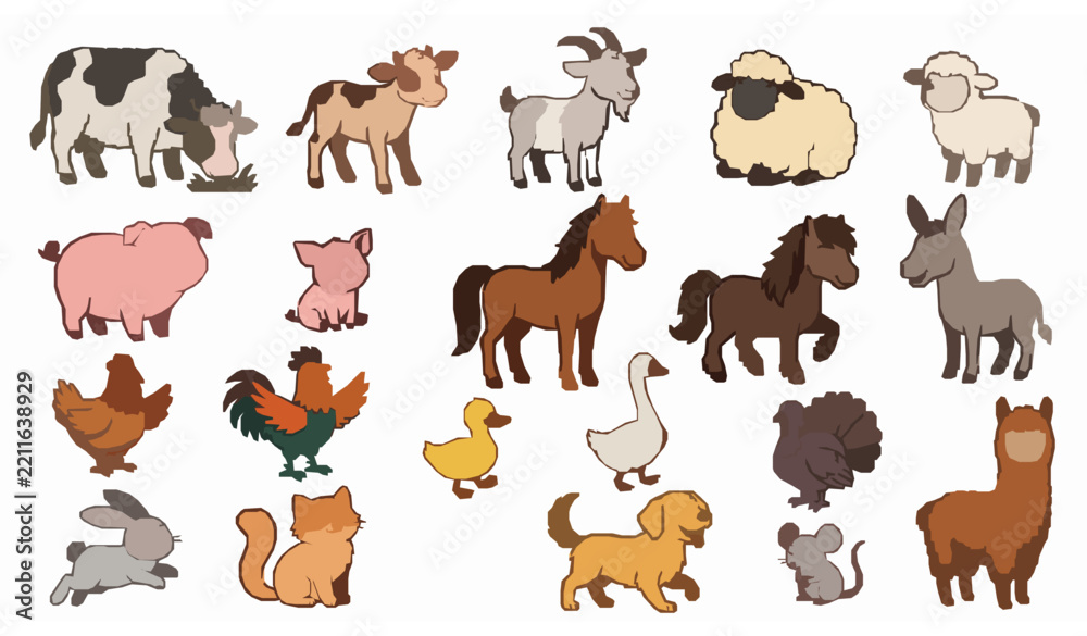 Obraz premium Cute Farm Pets and Livestock Cartoon Animal Characters Vector Collection