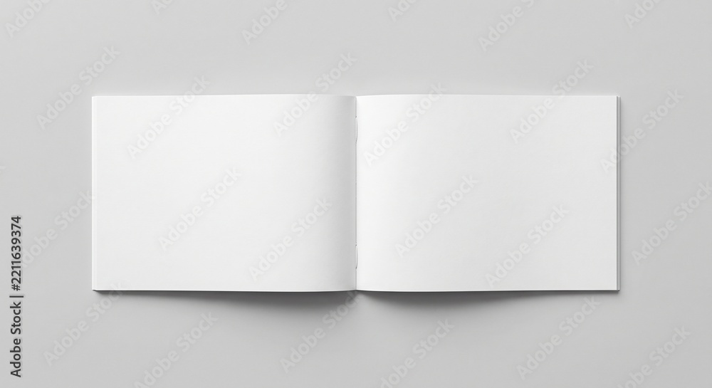 Fototapeta premium Photorealistic flat-lay of an open blank sketchbook on gray background.