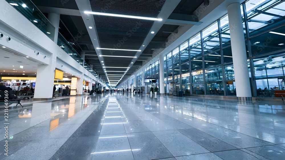 Fototapeta premium A modern airport terminal with polished floors glass walls and bright overhead lighting creating a spacious and clean travel environment