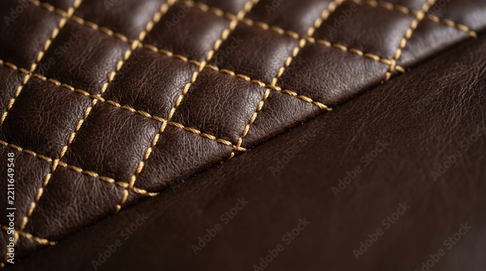 Obraz premium Brown quilted leather surface featuring detailed stitching patterns. Elegant casino furniture texture for luxury gaming room backgrounds.