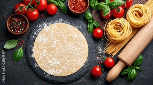 Fresh ingredients for Italian pasta and pizza on a dark surface