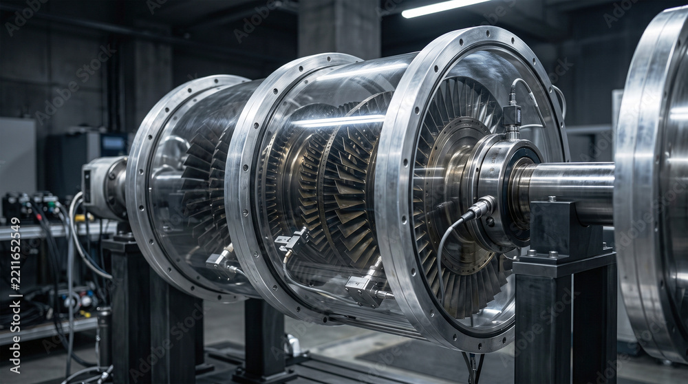 Fototapeta premium 3D render of an industrial turbine engine with transparent casing in a testing facility