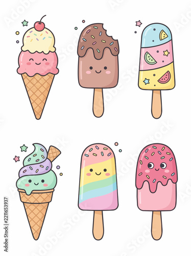 Cute Kawaii Ice Cream Cones and Popsicles with Happy Faces and Sprinkles vector illustration