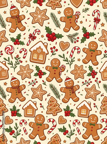 Christmas gingerbread cookies pattern with candy canes holly and pine branches seamless festive background vector illustration