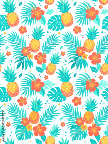 Tropical seamless pattern with pineapples hibiscus flowers and palm leaves in vibrant colors vector illustration