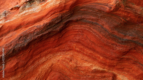 Layered red sandstone strata with curved wavy rock bands