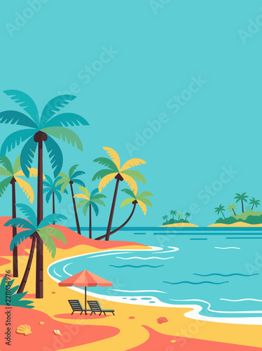 Vibrant tropical beach scene with palm trees, lounge chairs, and umbrella under a clear blue sky vector illustration