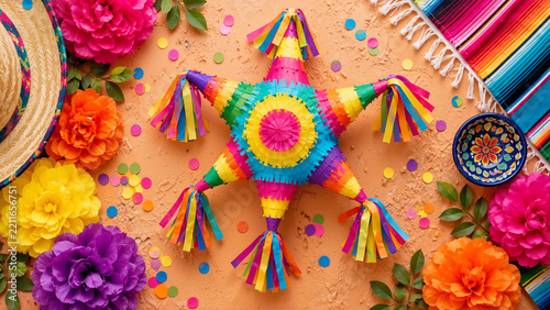 Colorful Mexican star pinata with sombrero, paper flowers, and festive serape blanket on party background for Cinco de Mayo celebration