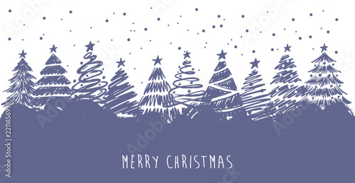 Christmas Card with Hand Drawn Winter Forest and Snowy Trees	
