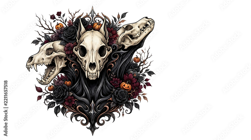Fototapeta premium Gothic Skeletal Cerberus Illustration with Dark Floral Accents and Ornate Decorative Elements