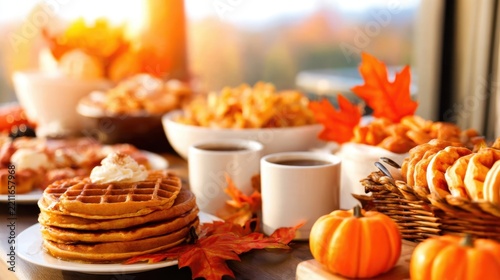 A cozy autumn breakfast spread with waffles, coffee, pastries, and decorative pumpkins