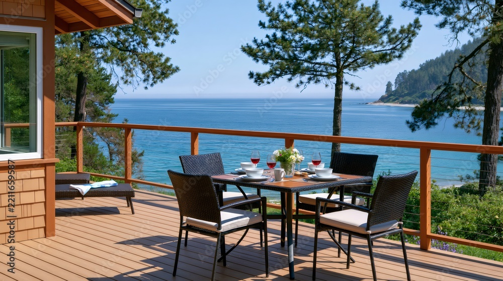 Fototapeta premium Oceanfront deck setting for outdoor dining and relaxation