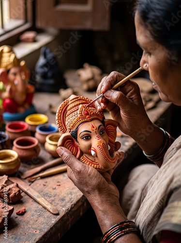 Handcrafted Ganesha Clay Idol Being Painted by Artisan for Ganesh Chaturthi Celebration