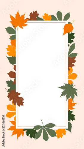 Autumn leaf frame template with rectangular border of maple and oak foliage