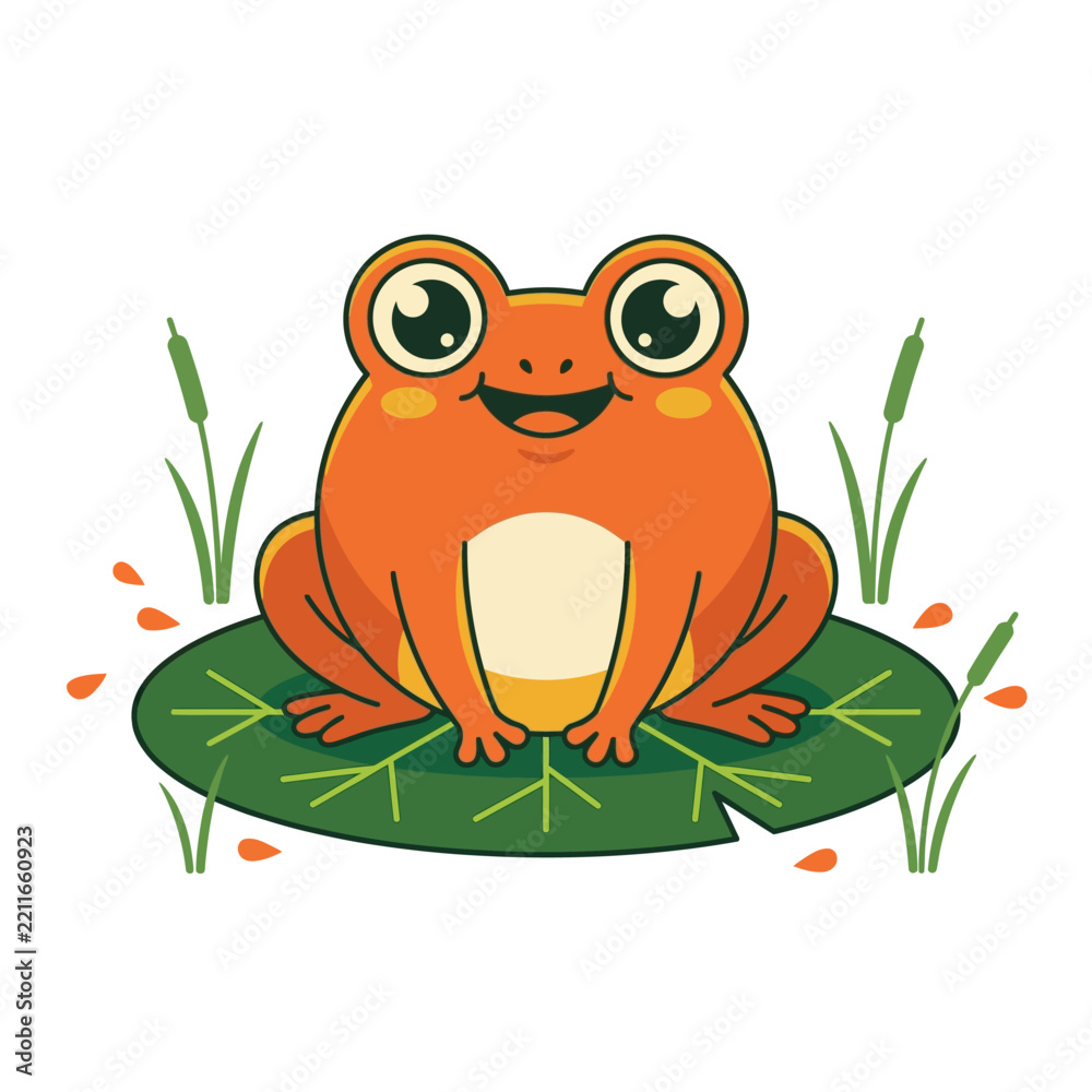 Obraz premium A cheerful cartoon orange frog with big eyes smiling on a green lily pad in a pond with reeds.