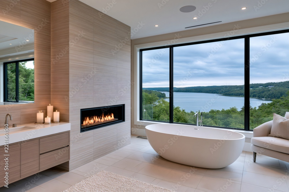 Obraz premium Modern luxury bathroom featuring fireplace and lake view