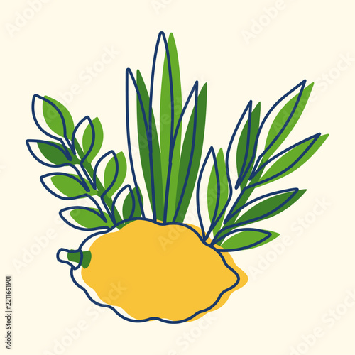 Sukkot Four Species Illustration with Etrog, Lulav, Myrtle and Willow Branches